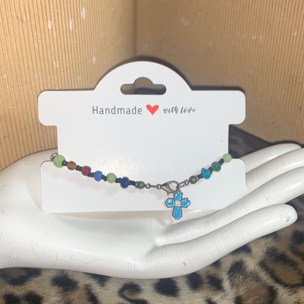Handmade Multicolor Beaded with Blue Cross Charm 7” - Picture 2 of 4